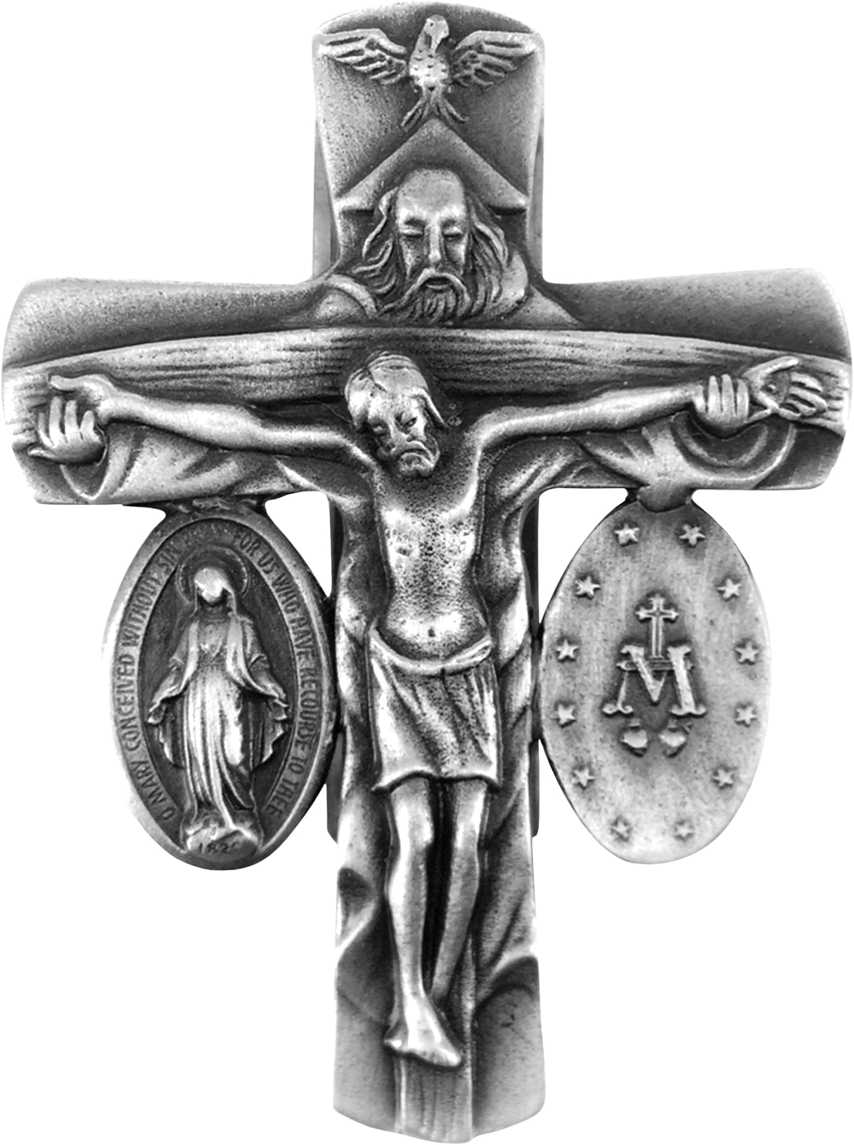 True Faith Jewelry Antique Pewter Trinity Jesus Crucifix and Miraculous Cross Visor Clip for Car, Gift for New Driver, Fine Pewter (92% Tin), 2-3/4 x 1-3/4 Inch