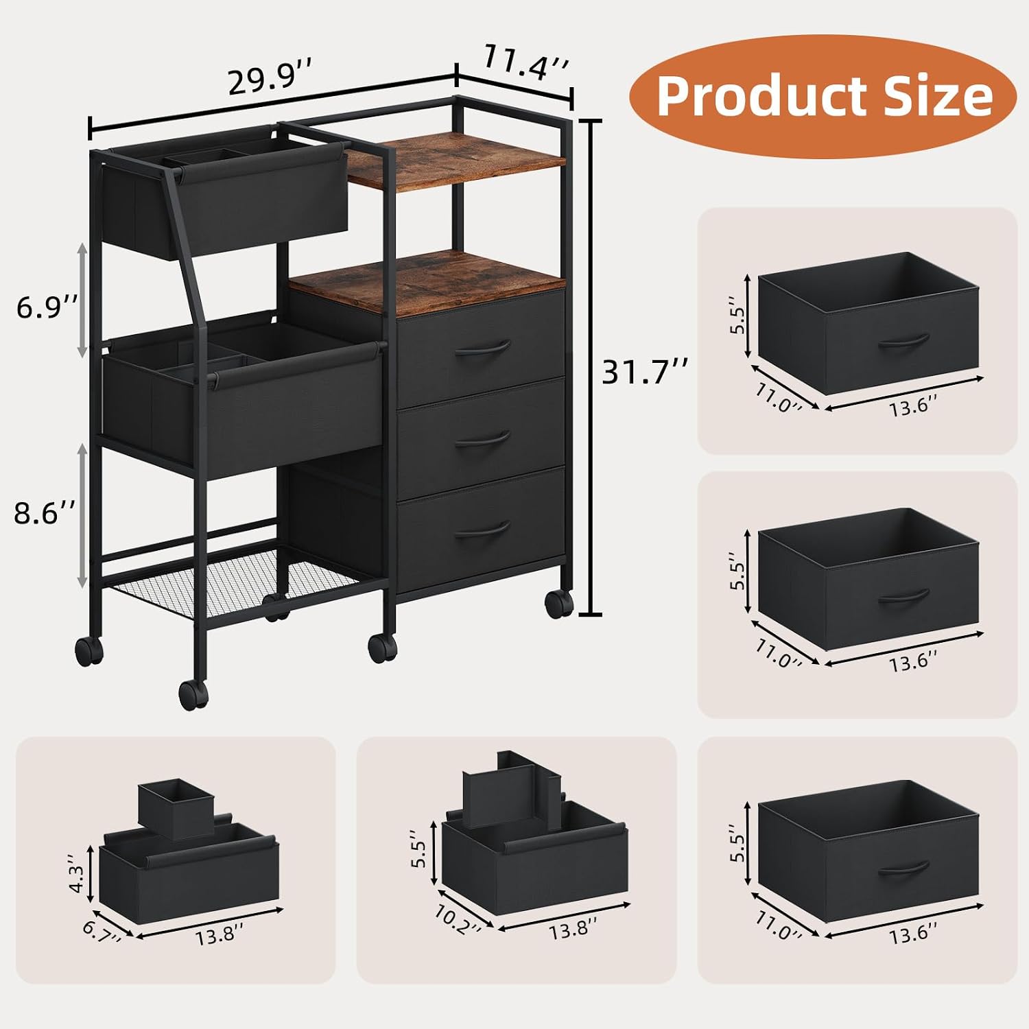 Somdot Baby Diaper Caddy Organizer Cart, 3 Tier Rolling Baby with Dividers and Drawers, Easy To Assemble, Large Capacity, Baby Essentials Organizer and Storage for Nursery, Bedroom, Black Rustic Brown