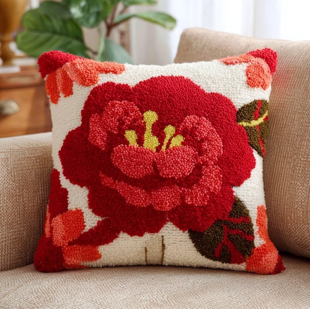 AxiangziK Latch Hook Cushion Kit 43x43cm,Red Flowers