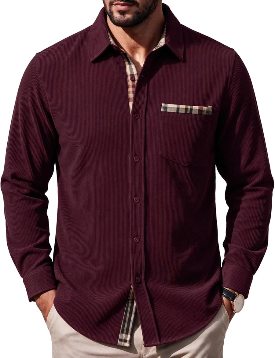 COOFANDY Mens Button Down Shirt Long Sleeve Casual Corduroy Untucked Shirt Jacket with Pocket