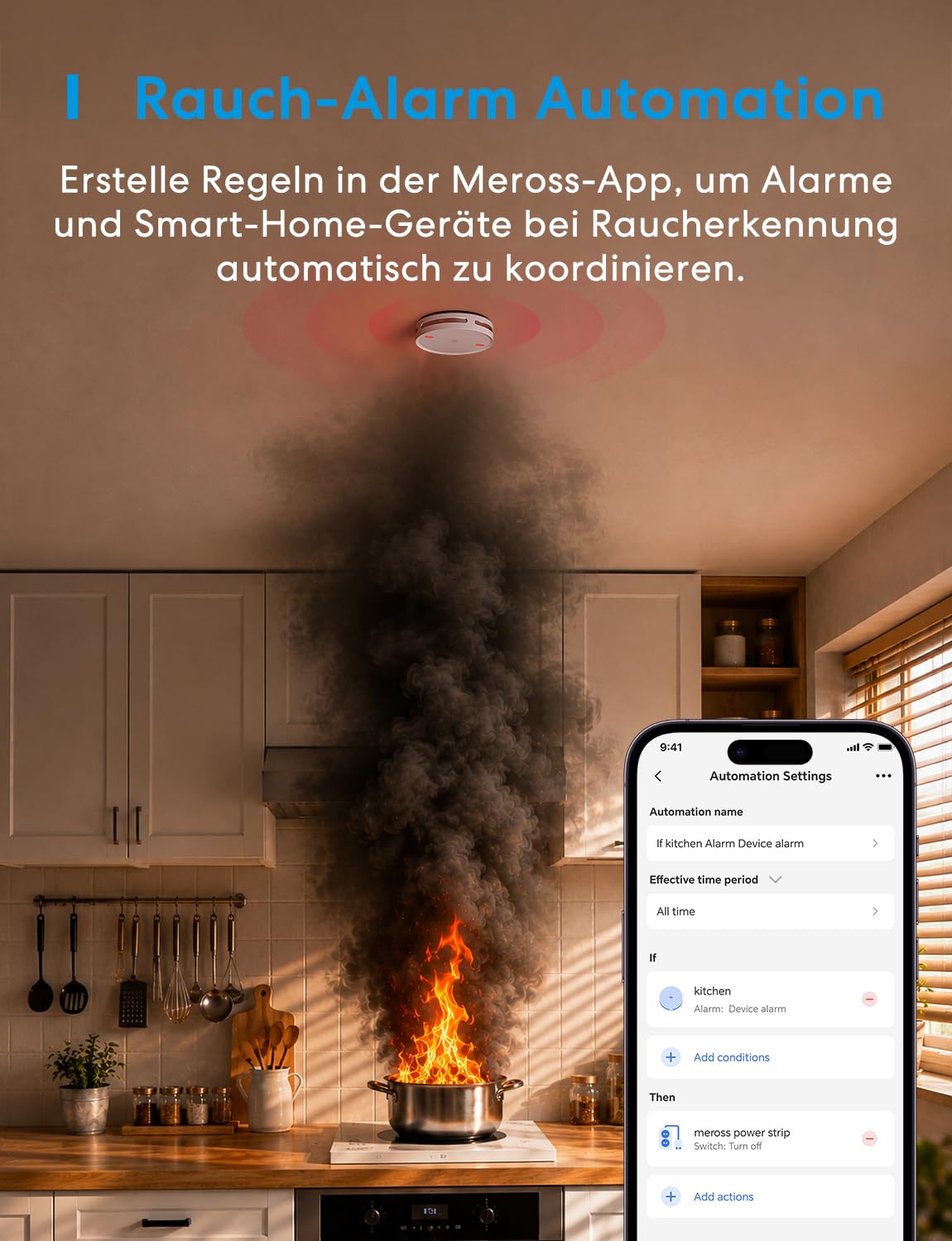 Meross Matter Rauchmelder Vernetzter mit MSH450 Hub, Smart Feuermelder mit App-Alarm, rotem LED-Fluchtlicht, WLAN Rauchwarnmelder mit Apple Home, Alexa, Home Assistant, EN14604-konform, 6er-Set