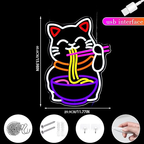 Miniatura 5 de Letrero de neón de ramen con texto en inglés "Fortune Cat", luces LED de neón regulables para decoración de pared, restaurante, cocina, ramen,