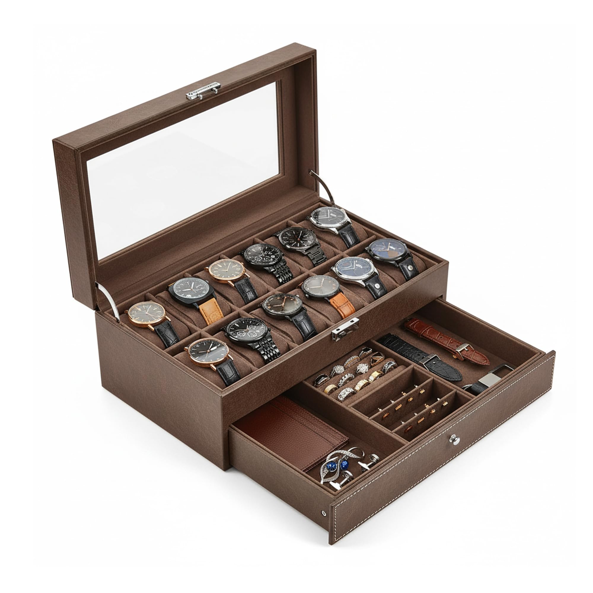 SONGMICS Uhrenbox, Uhrenkasten mit Glasdeckel, 2 Ebenen, für 12 Uhr, abschließbar, 1 Schublade, für Ringe, Armbänder, Geschenkidee, PU-Bezug in Braun, Innenfutter in Braun JWB012K01