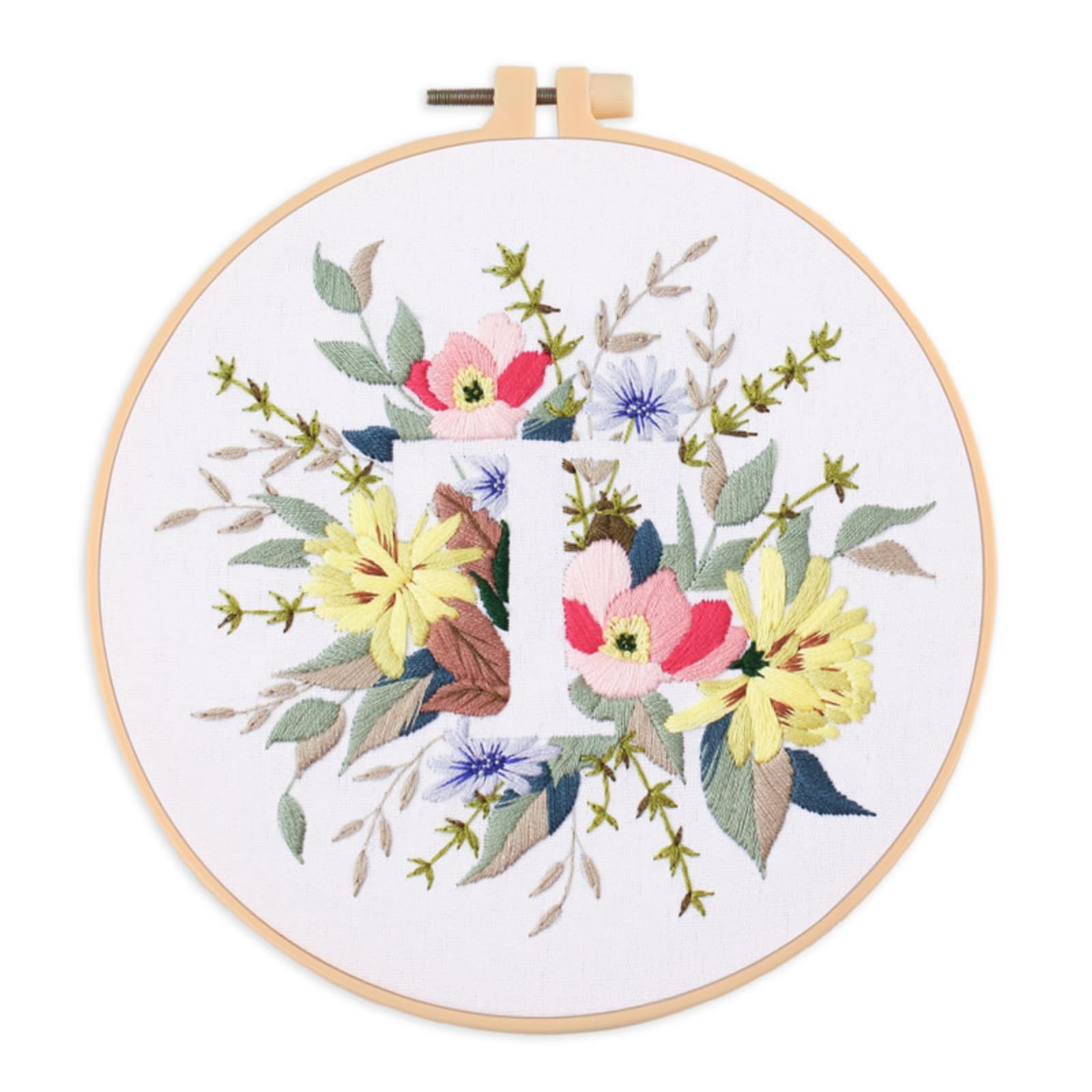 IUHUI Embroidery Kit for Beginners Adults - 26 Floral Letters Easy Patterns, DIY Hand Stitching Embroidery Set with Hoop (Flower and Grass Letter T)
