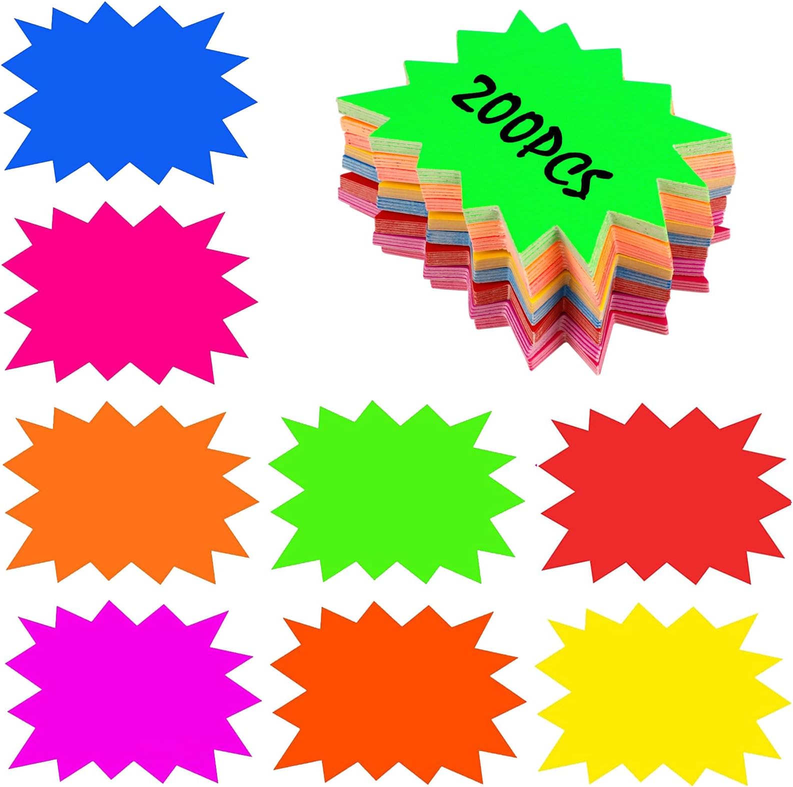 200Pcs Fluorescent Star Sale Signs, 8 Colors Starburst Retail Price Tags, Neon Display Sign Cards, Paper Sale Discount Price Labels for Retail Store Shop Grocery Supermarket Party Favors