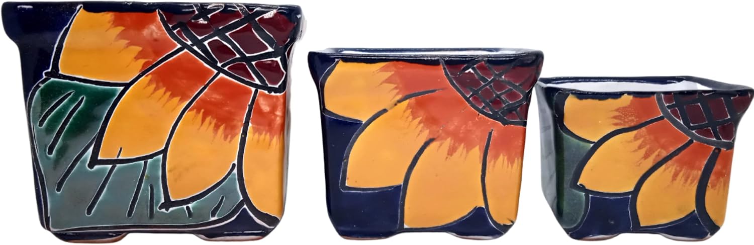 Talavera Hand-Painted Flower Pots (Set of 3) - 2.8" Sunflower Design - Authentic Mexican Pottery Planters for Succulents