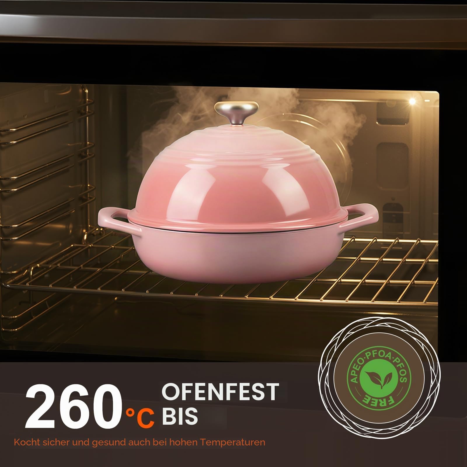 Overmont Gusseisen Topf Emaille Brotbacktopf - 5.7L Bräter Schmortopf mit Deckel und Kochbuch – für Küche Backen Schmoren Braten - Rosa | Hoher Brottopf mit Topflappen, für Sauerteigbrot Backen Handwerkerbrote, knusprige Kruste & bessere Ofenfeder, 260°C
