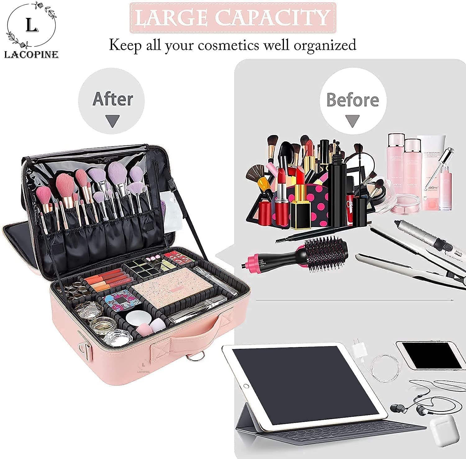 LACOPINE Portable Makeup Bag EVA Professional Makeup Artist Bag Makeup Train Case Makeup Organizer Bag for Travel and Home Use (Baby Pink, 16 INCH (2 Layer)) 3