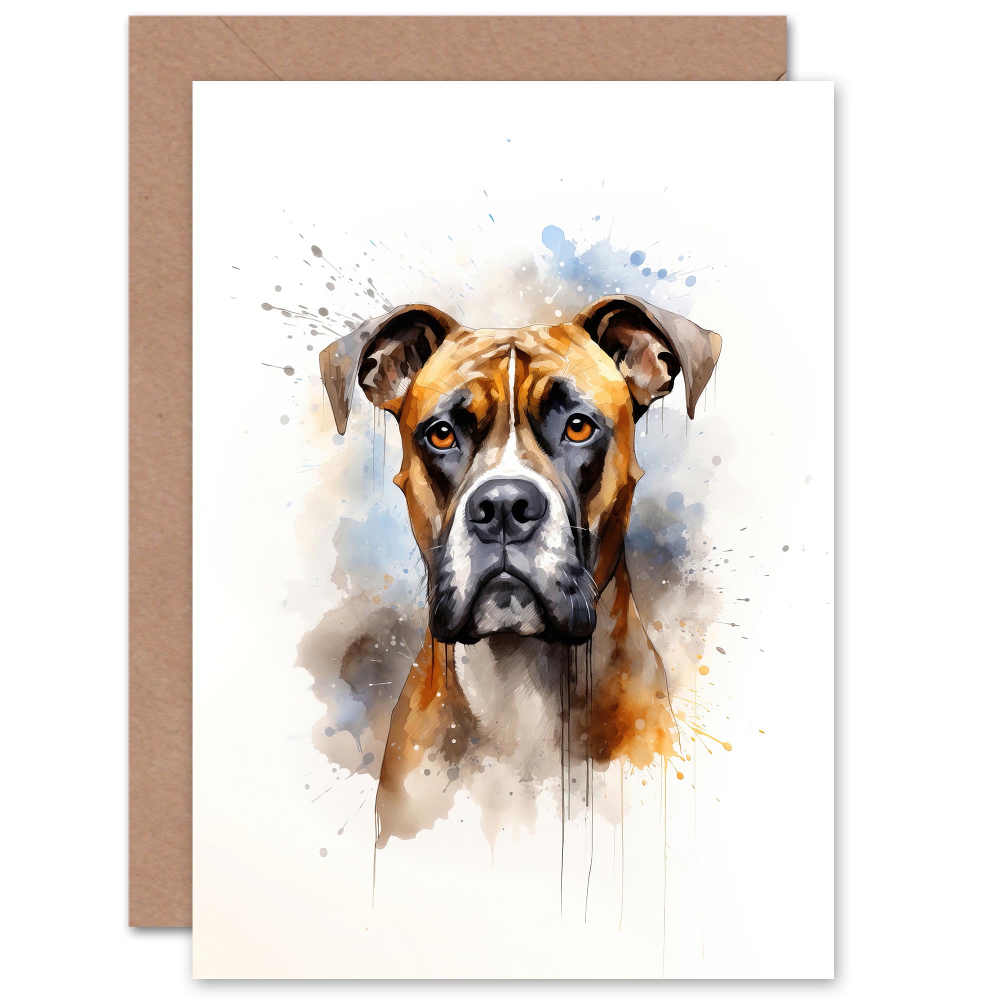 Artery8 Brindle Boxer Lovers Gift Watercolour Pet Portrait Painting Artwork Sealed Greeting Card Plus Envelope Blank inside