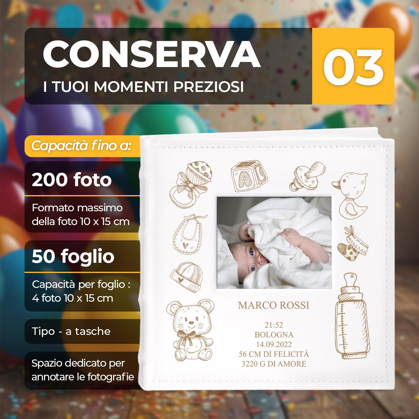 Maverton Album Foto Personalizzato - Copertina in Pelle Sintetica con Finestra per Foto - Album Fotografico Personalizzabile 100 pagine - 200 foto 10x15cm - Regali Neonato Compleanno