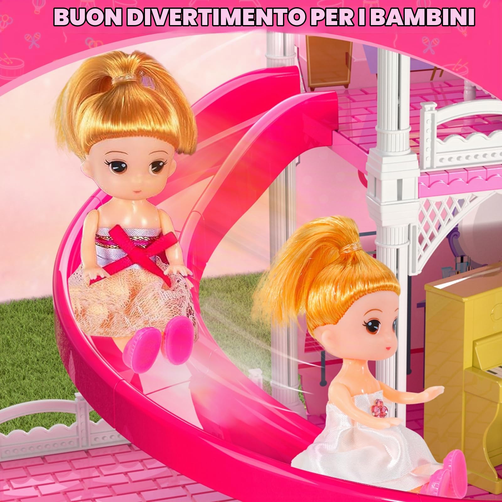 Doloowee Casa delle Bambole Grande con Scivolo per Bambine 3 4 5 Anni | Casa delle bambole a 4 piani e 10 stanze, di mobili e una ricca serie di accessori, regalo per bambine di 3, 4, 5 e 6 anni