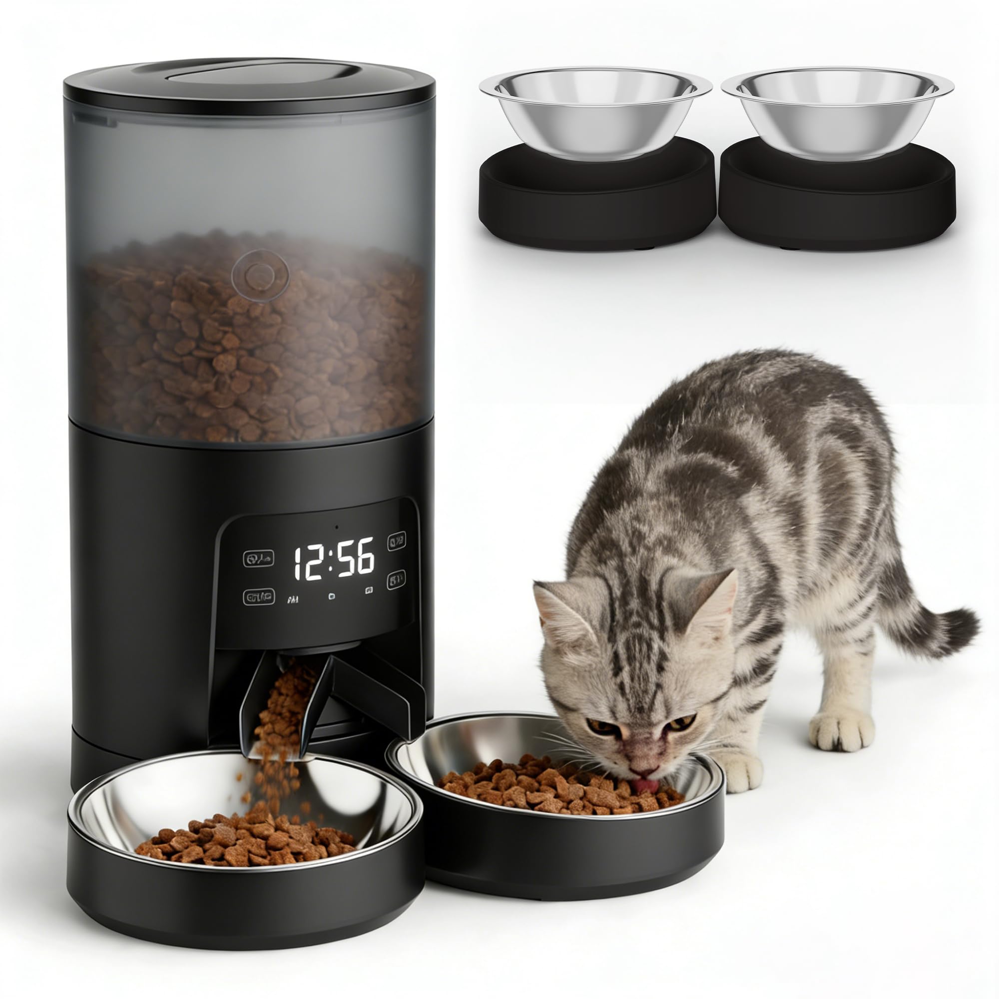 DUMOS Automatic Cat Feeder for 2 Cats, 6L Timed Cat Food Dispenser with 2 Stainless Bowls, 10s Voice Recorder, Dual Power Supply, 6 Meals 50 Portions Per Day, Dual Pet Feeder for Cat and Dog, Black