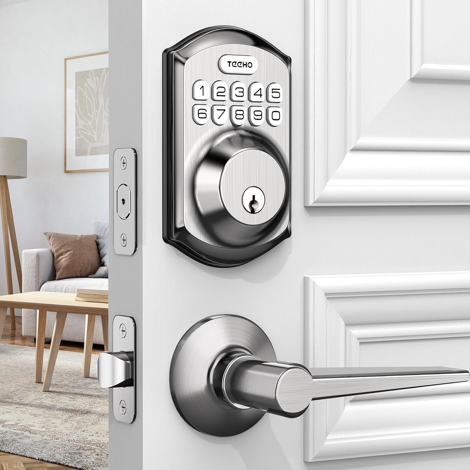 TEEHO TE001L Keyless Entry Door Lock with Handle, Satin Nickel
