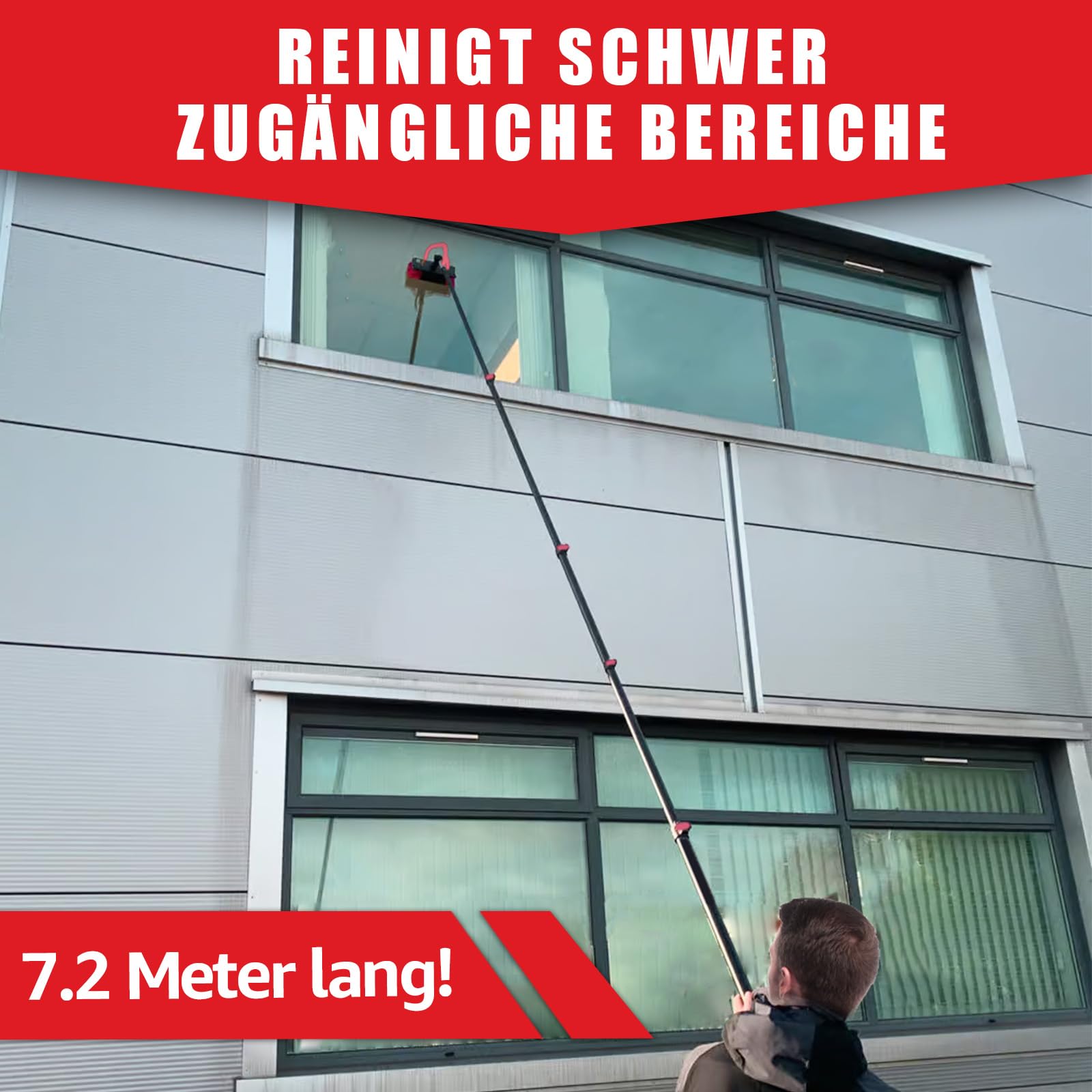 XDOVET Cepillo de lavado telescópico de 7,2 metros, cepillo de lavado con mango telescópico, extensible, limpieza del techo de terraza, set de limpieza para jardín de invierno, cepillo de limpieza de