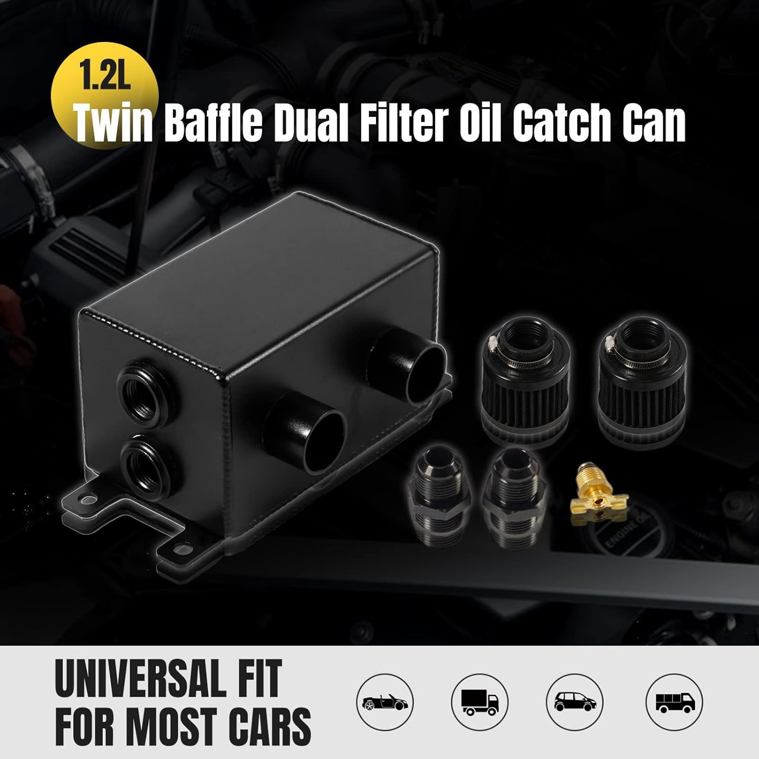 Universal Aluminum AN8 1.2L Twin Baffle Dual Filter Engine Oil Catch Can Tank With 2 Air Filters Oil Catch Reservoir Tank Can Breather Kit Black