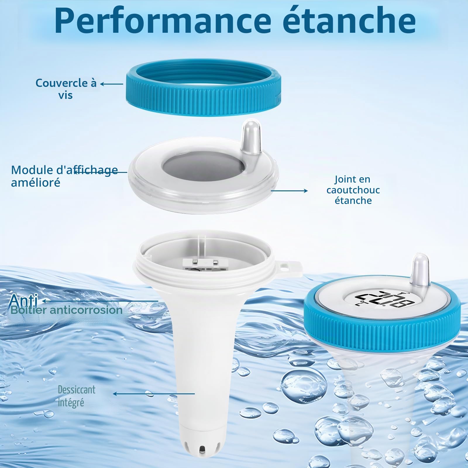 Thermomètre de Piscine Connecté Sans Fil IP67 Flotter Bleu