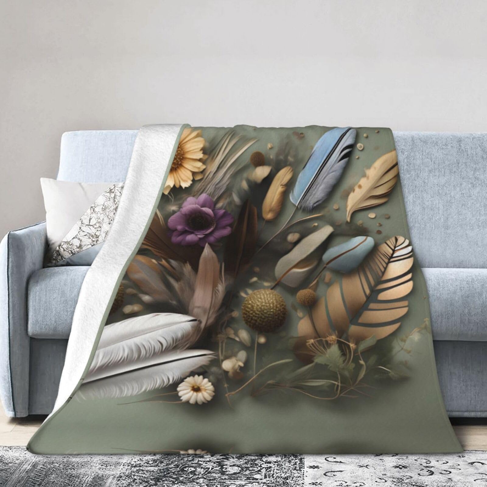 Feather Flower 80"x60" Fleece Blanket, Full Size, Super Soft, Suitable for Bed, Sofa, Camping, All Seasons