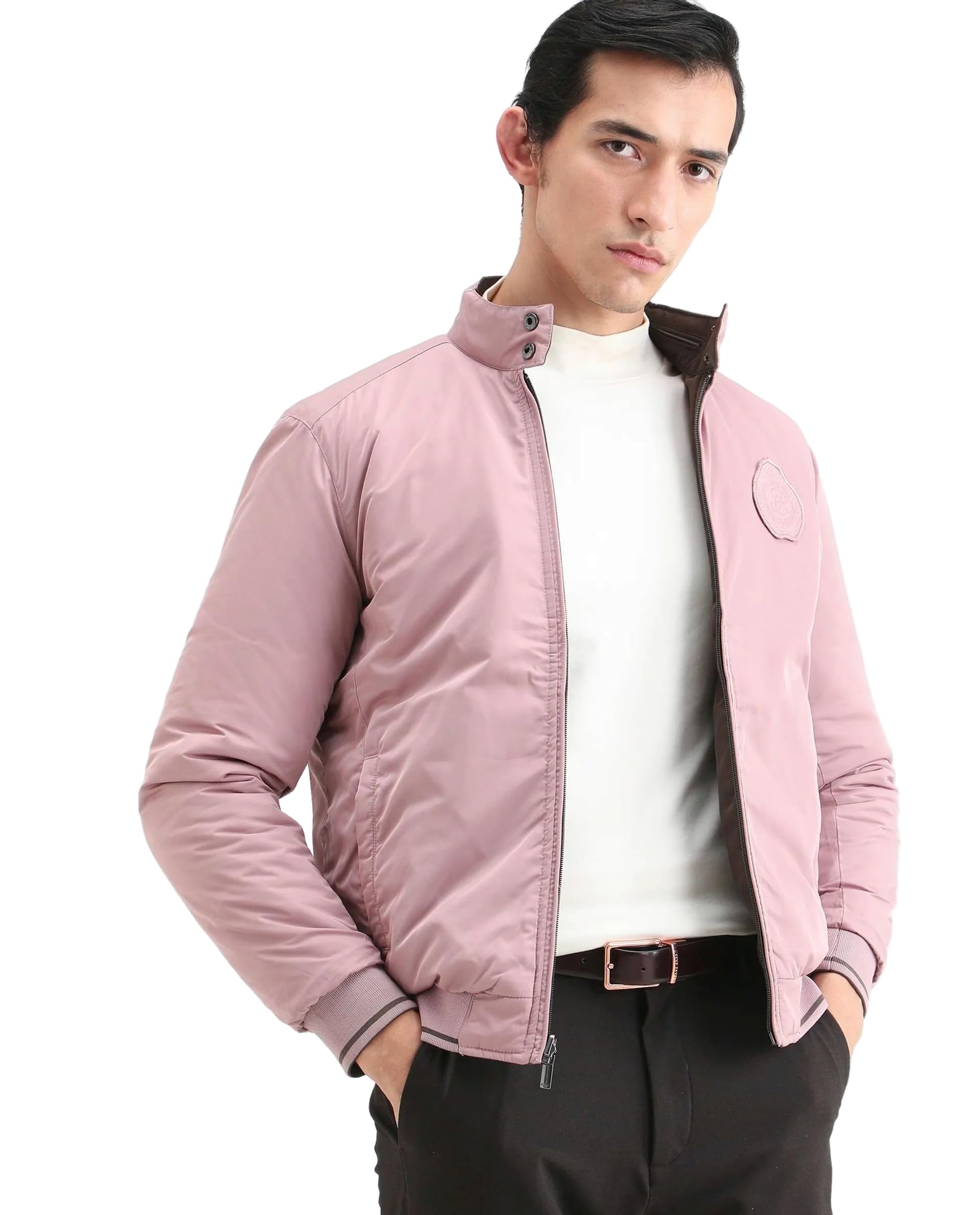 Men Regular Solid Black Polyester Zip Front Bomber Jacket-image-1
