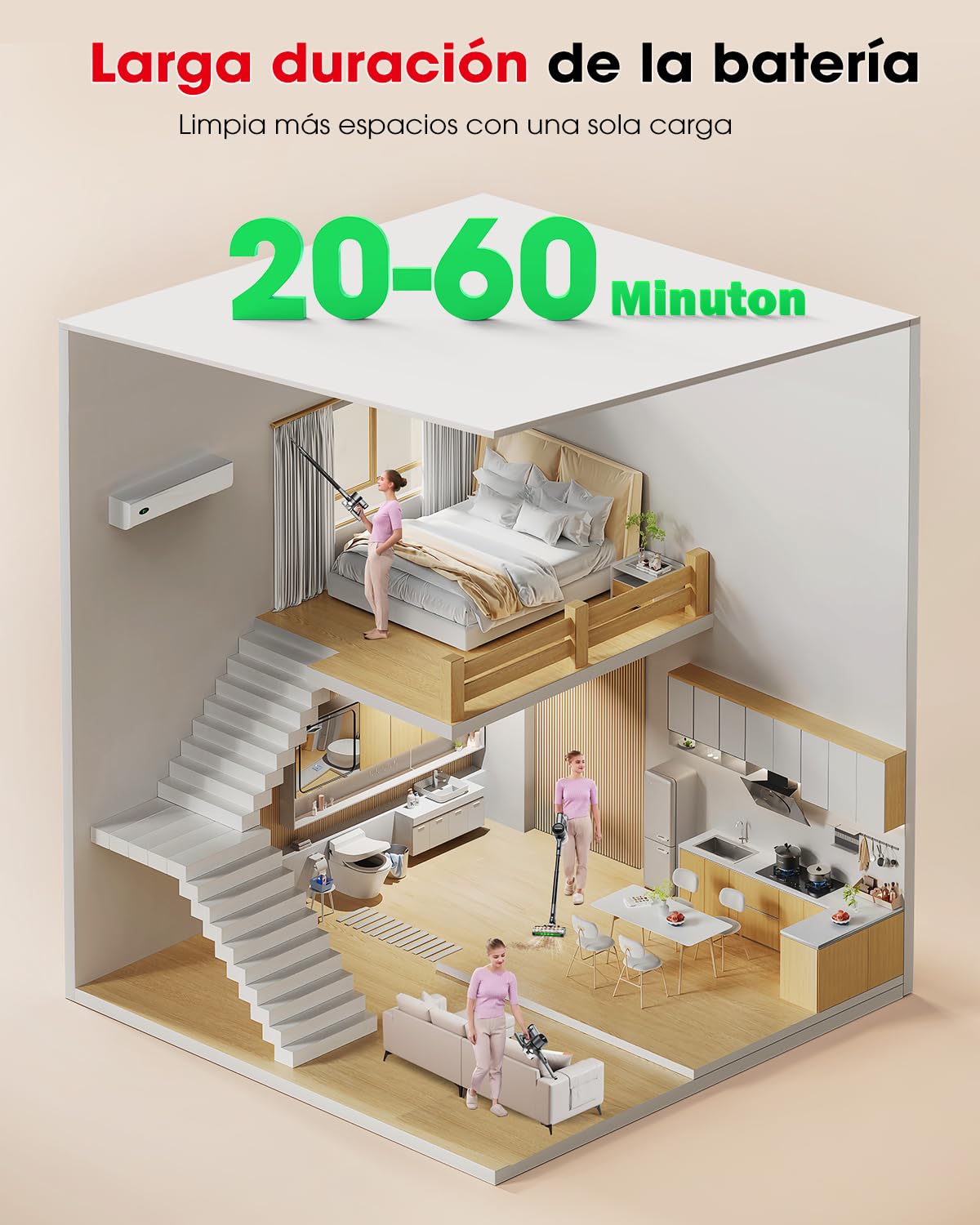 Aspiradora sin Cable Potente Succión de 45 kPa 500W Hasta 60 Minutos de Autonomía Resistente a Enredos Aspiradora Escoba Recargable con Soporte de pared para Pelo de Mascotas y Suelos de Madera