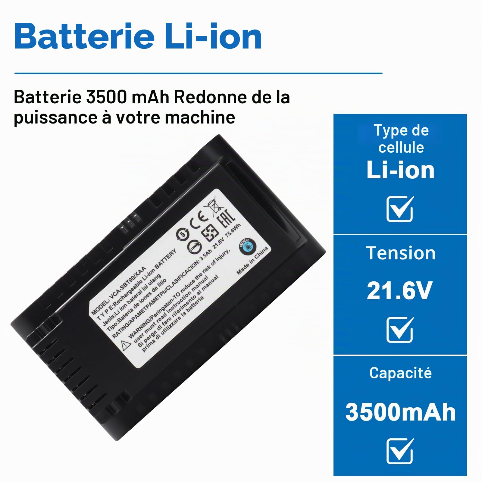 3500mAh Batterie rechargeable de remplacement VCA-SBT90/XAA, Compatible avec Samsung Jet 75, 75+, 75 Pet, Jet 90, 90+ Series, pour Batterie d'aspirateur sans fil VS20R9046T3/AA VS20T7536T5/AA