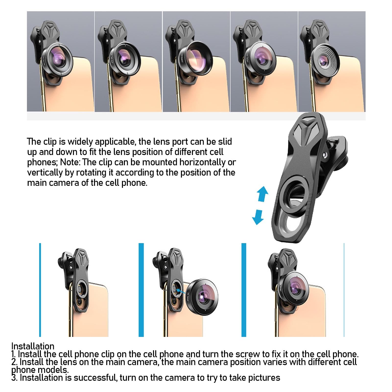 Annadue 5 w 1 Zestaw Obiektywu Aparatu Telefonicznego, 10x Makro, 2x Teleobiektyw i 195 ° Fisheye Obiektyw z Szerokim Kątem, Klip na Zestawie Fotografii Mobilnej do Smartfonów
