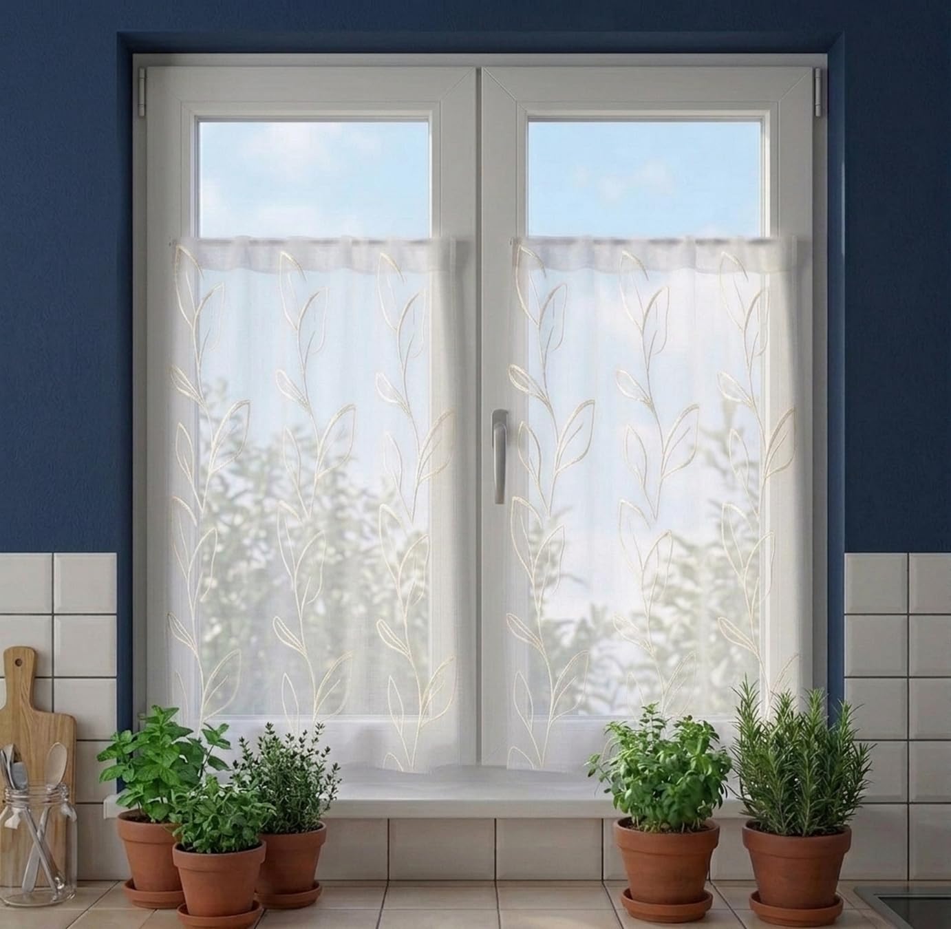 Rideaux en verre effet lin brodé gris pour illuminer votre cuisine ou votre chambre