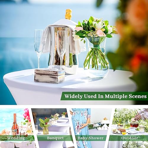 Miniatura 6 de Fixwal Fundas para mesa de cóctel, paquete de 2 manteles redondos blancos de 32 x 43 pulgadas, mantel elástico de elastano para fiestas, bodas,