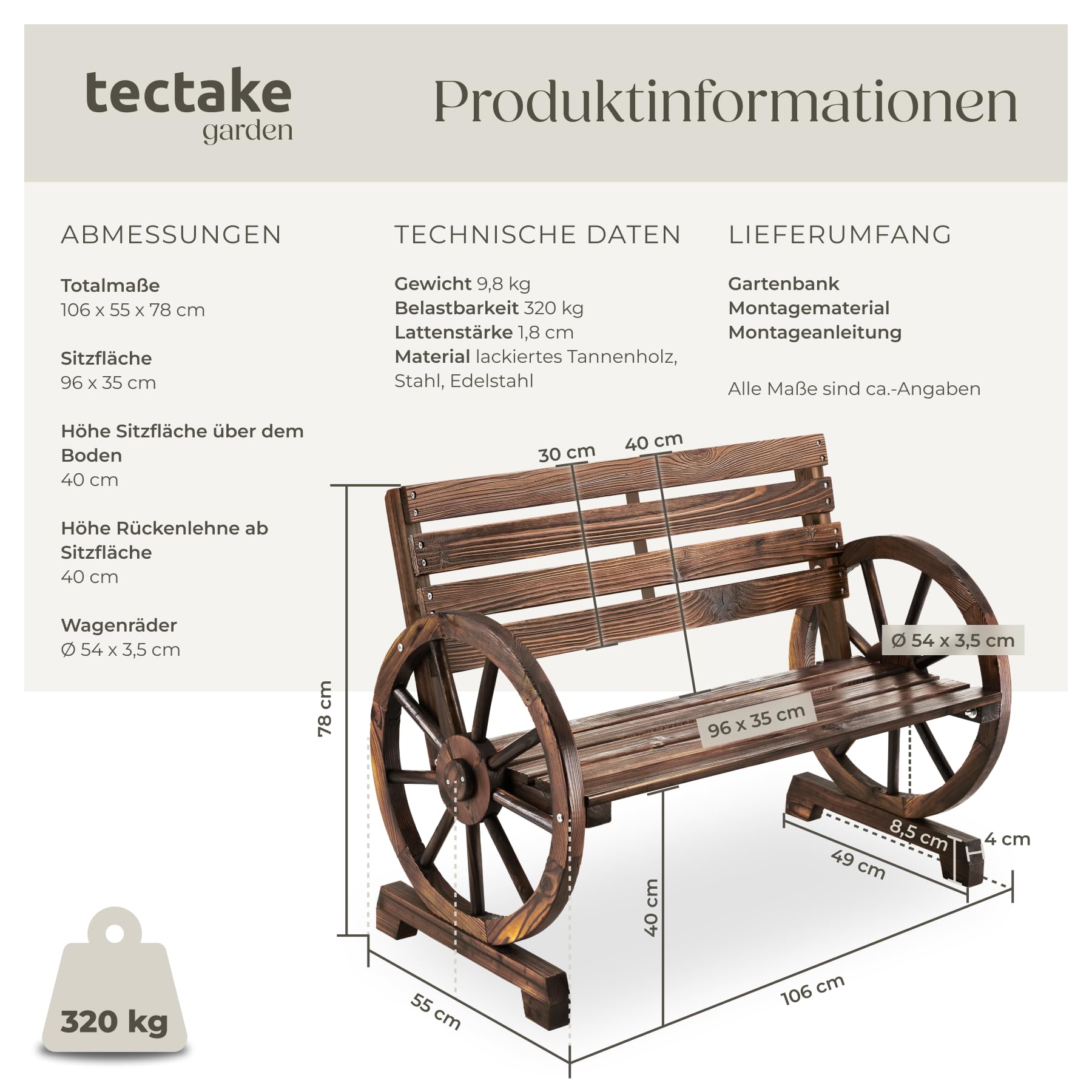 tectake® Gartenbank, 106 x 55 x 78 cm, geflammtes Massivholz | Belastbarkeit 320 kg, wetterfest, Wagenraddesign, hohe Rückenlehne, 2-Sitzer, Gartenholzbank, braun