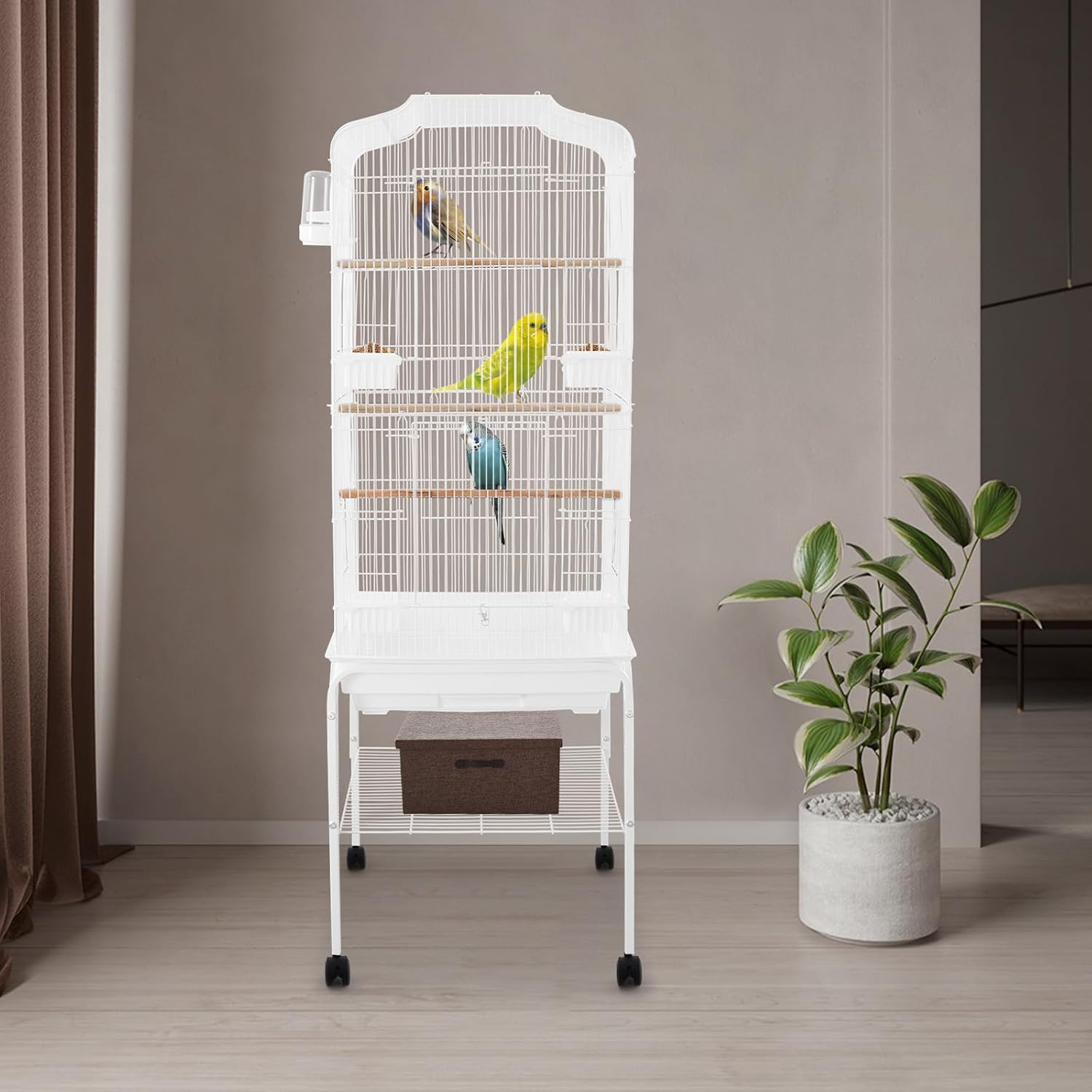 Large Bird Cage with Rolling Stand, Parrot Cage for Parakeets Cockatiels Conures, Heavy Duty Metal Birdcage with Wheels, Removable Tray & Storage Shelf for Indoor Use (White)