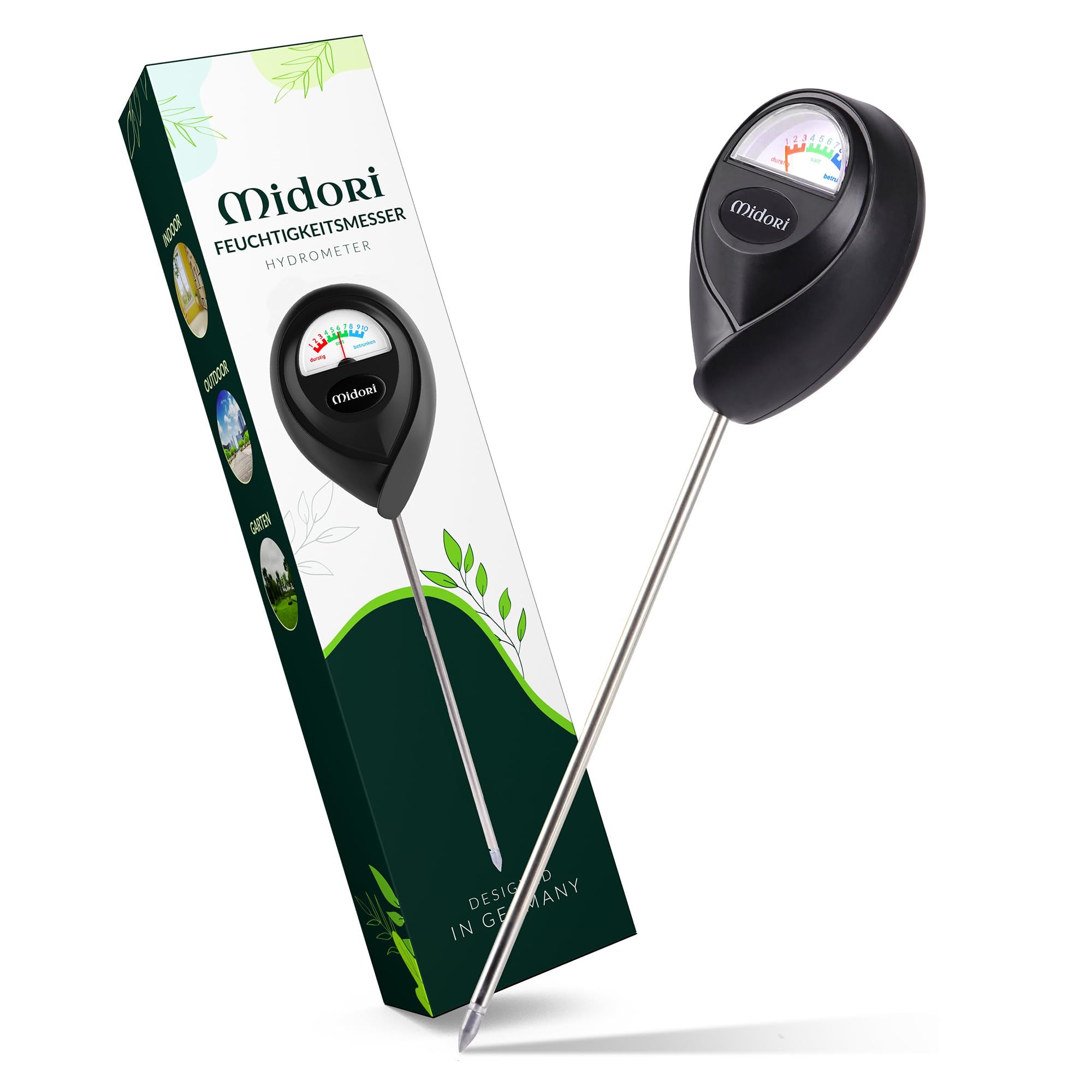 Midori Boden-Feuchtigkeitsmesser für Pflanzen | 6 Stück, Messgerät Feuchtigkeitsmessgerät in Schwarz 26,5cm Gesamtlänge mit 17,5cm langer Edelstahl-Sonde