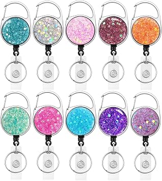 10 Pack Retractable Carabiner Badge Holder, FadyRaye Badge Reel with Belt Clip for Nurse Teacher Name Card Keychain [Bling Cute Design 27" Nylon Wire Cord]