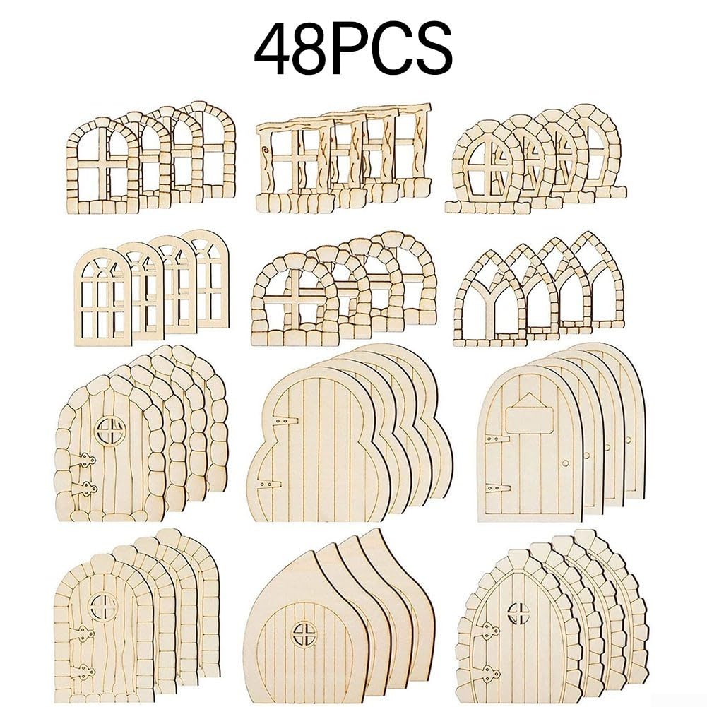 Set di 48 porte e finestre in miniatura in legno per progetti personalizzati (stile retrò)