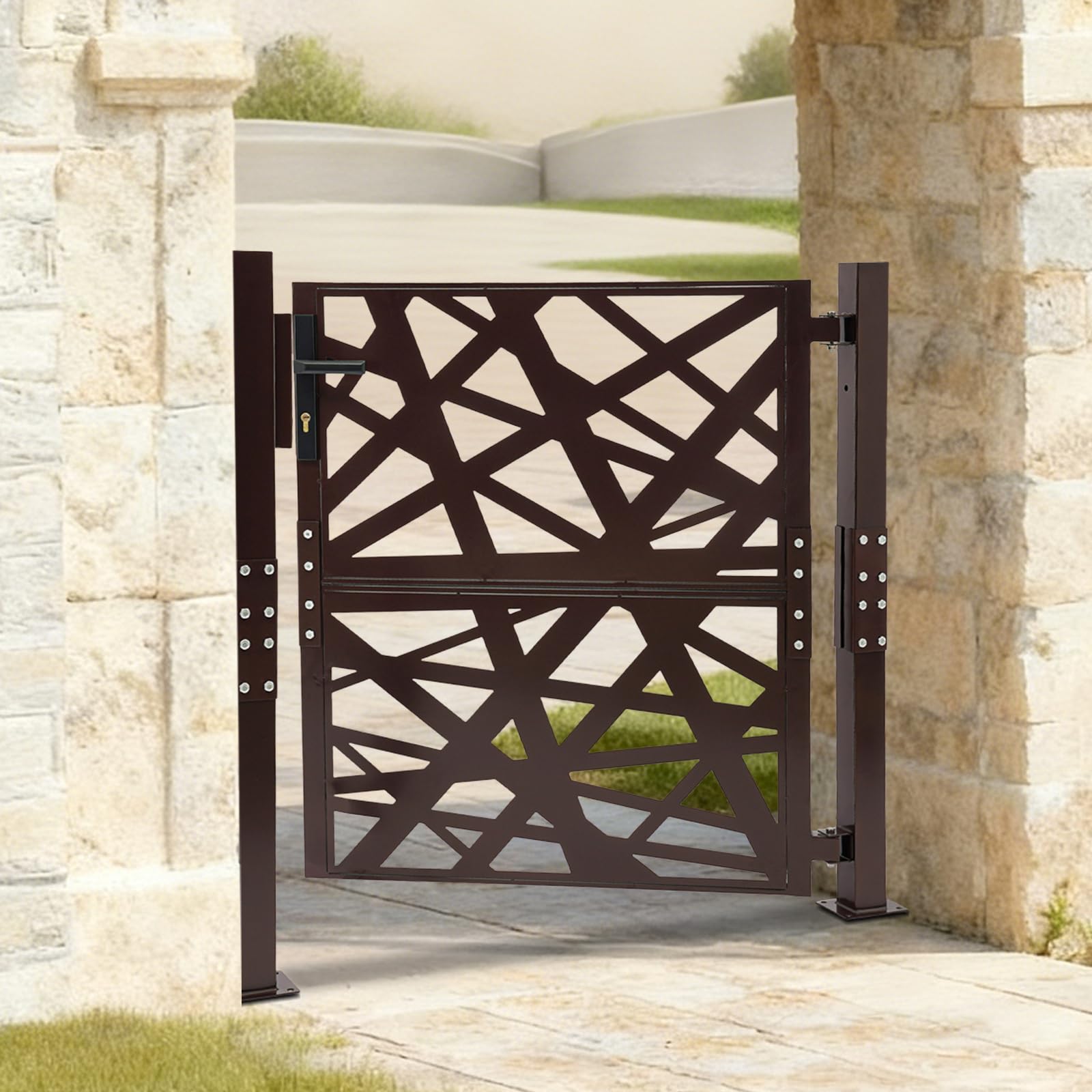 Puerta de jardín, 105 x 100 cm, color negro, para jardín, exterior, de seguridad, de metal, ángulo de apertura de 180°, cierre de seguridad con 7 llaves, para jardín, patio y terraza (marrón