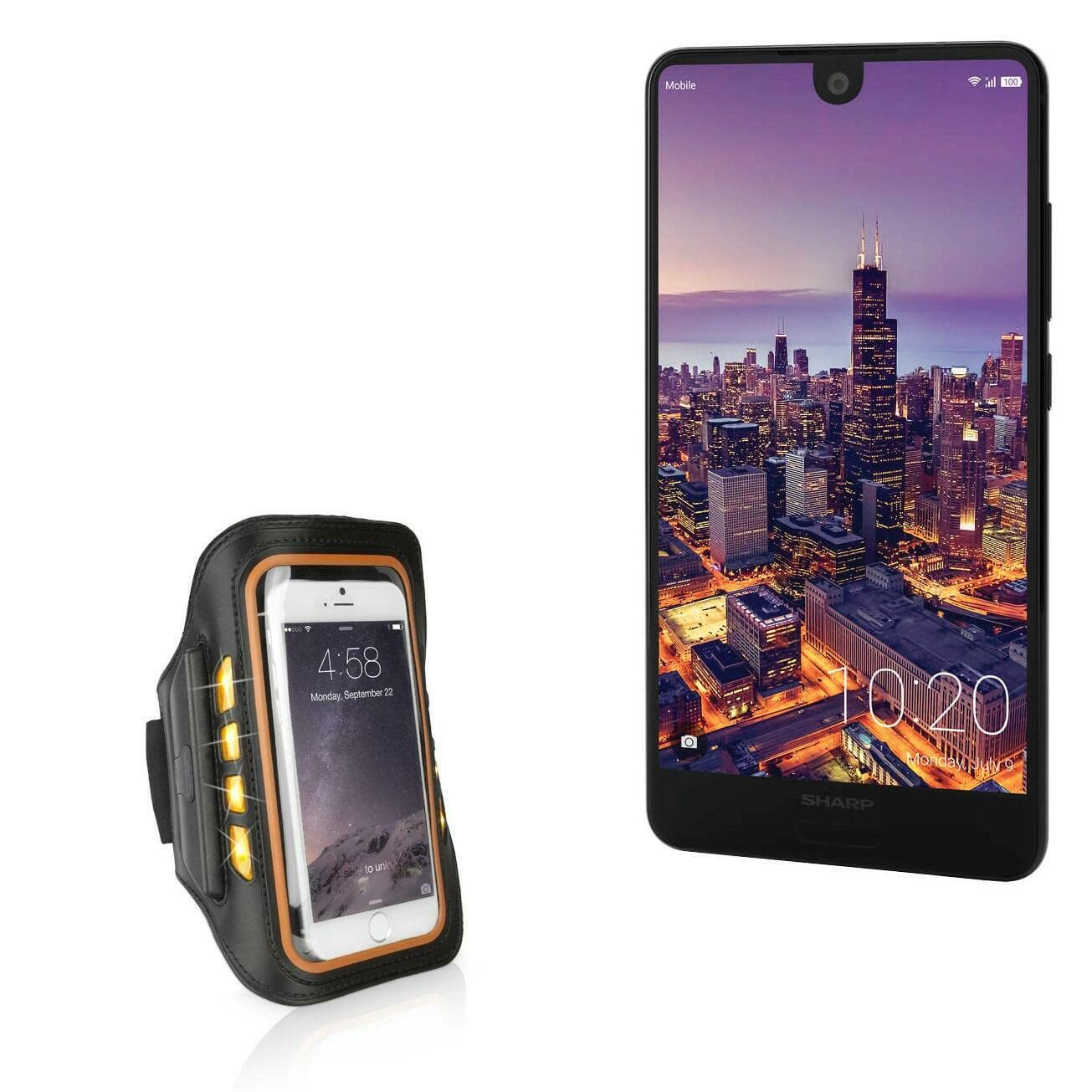 BoxWave Case for Sharp Aquos C10 (Case JogBrite Sports Armband, High Visibility Safety Light LED Runners Armband for Sharp Aquos C10 - Bold Orange