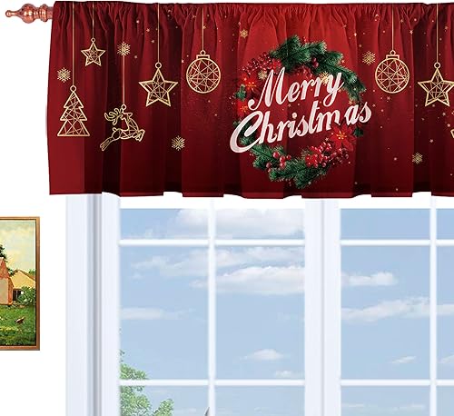 Corona de Navidad, cenefas de ventana rojas, adorno de estrella de Navidad, ciervos, cenefas cortas de cortina con bolsillo para barra, árbol de