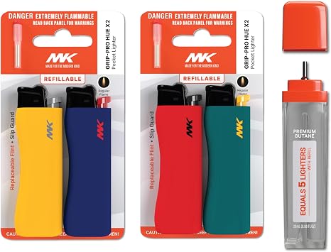 MK Lighter 9G Flint Strike Refillable Lighters with 2 Replace Flints and 1 Premium Butane, Classic Pocket Lighters, Random Colors Hue-4PC+Butane