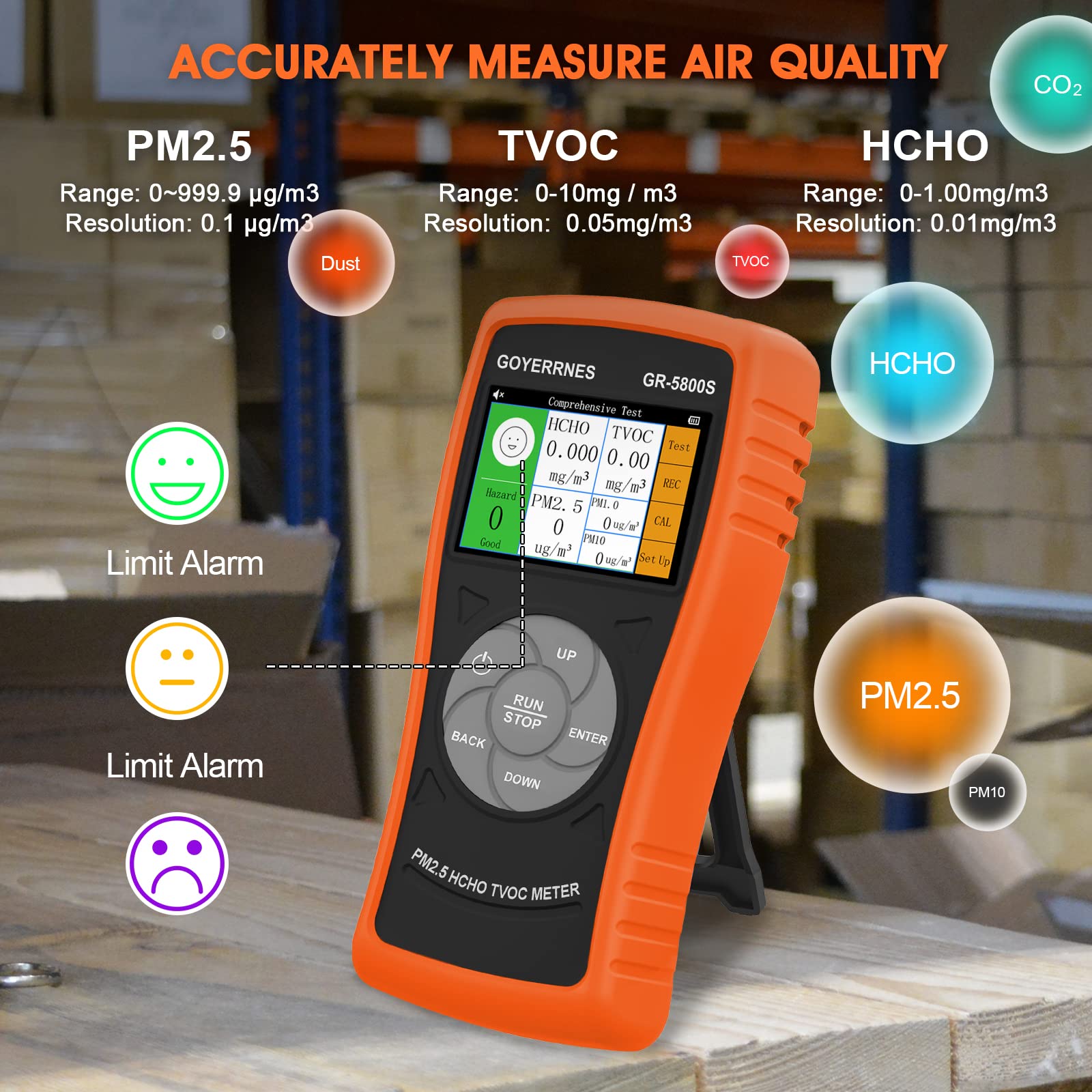 Monitor de calidad del aire interior 3 en 1, probador de formaldehído HCHO/TVOC/PM2.5/PM10, detector AQI preciso multifuncional con datos en tiempo real, grabación de valor medio para el hogar