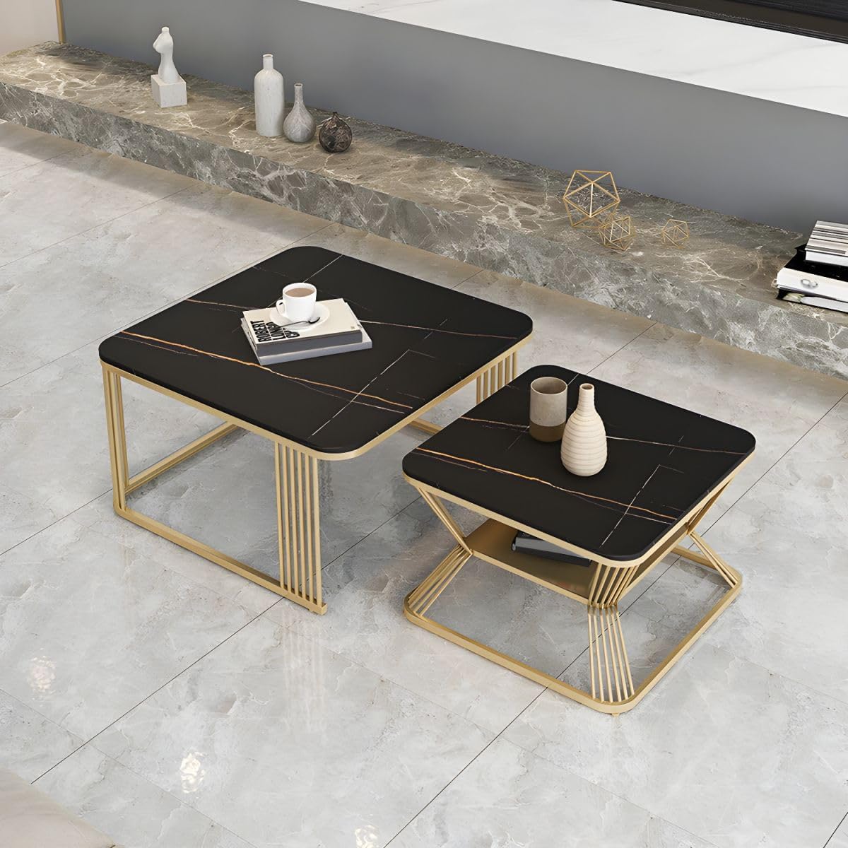 WhimsiWood Elegant Metal Frame Square Coffee Tables Set of 2 - Modern Stacking Center Tables with Marble Finish Stylish Decor for Living Room Bedroom or Apartments (Black & Gold) (B0D9SKTP8Z) Amazon Price History, Amazon Price Tracker