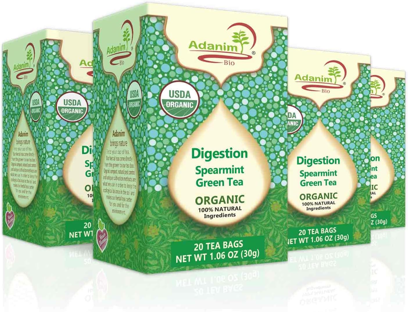 ADANIM BIO Organic Spearmint Nana Mint Green Tea Blend for Digestion Relief and Stomach Ease, Non GMO, Kosher, 20 Tea Bags in Each Box, 80 Green Tea Bags in Total, Pack of 4