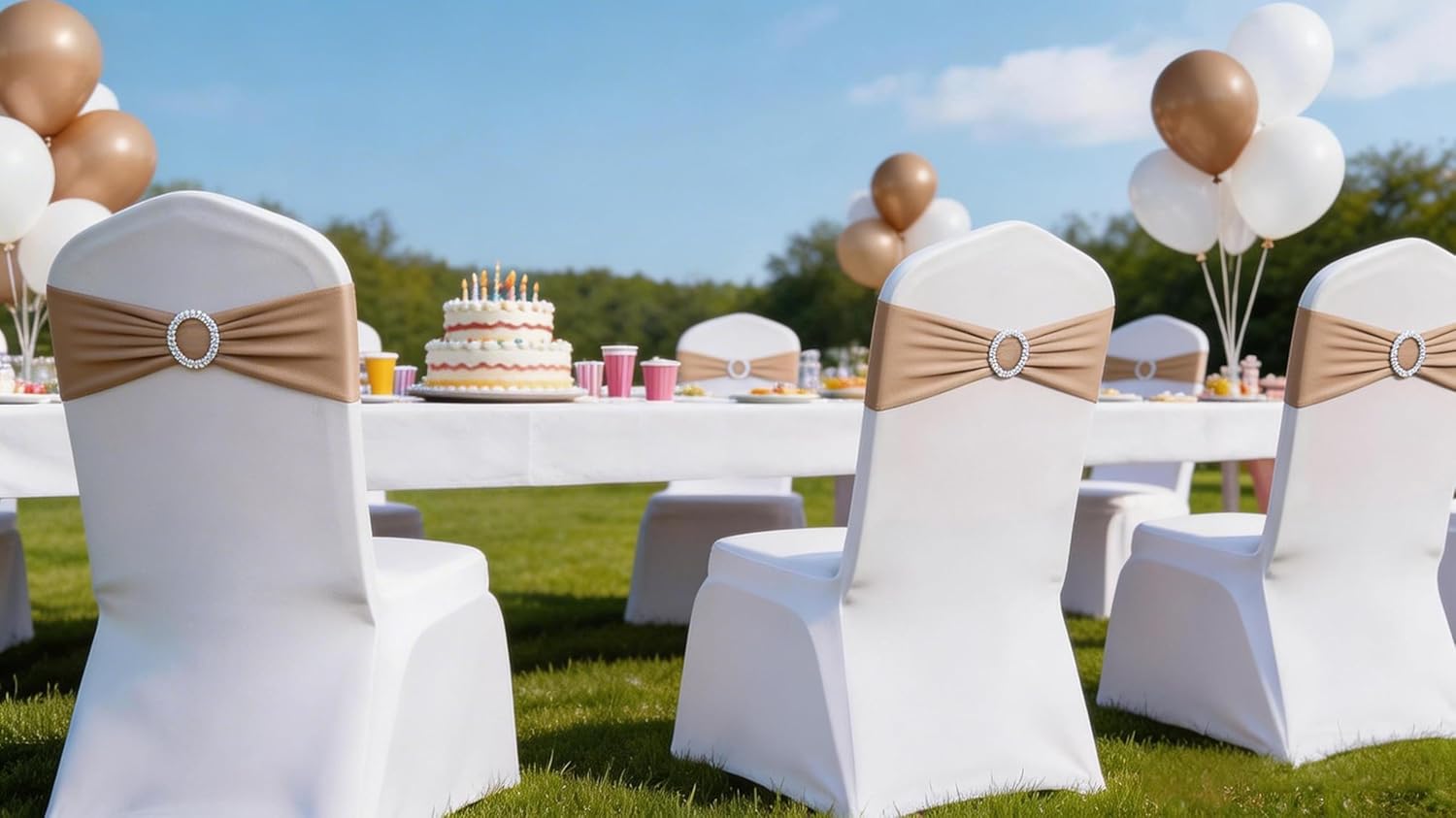 Wedding Nude Chair Sashes 100 Pack Stretch Spandex Chair Bows Bands with Buckles for Party Banquet Birthday Decorations (Nude)