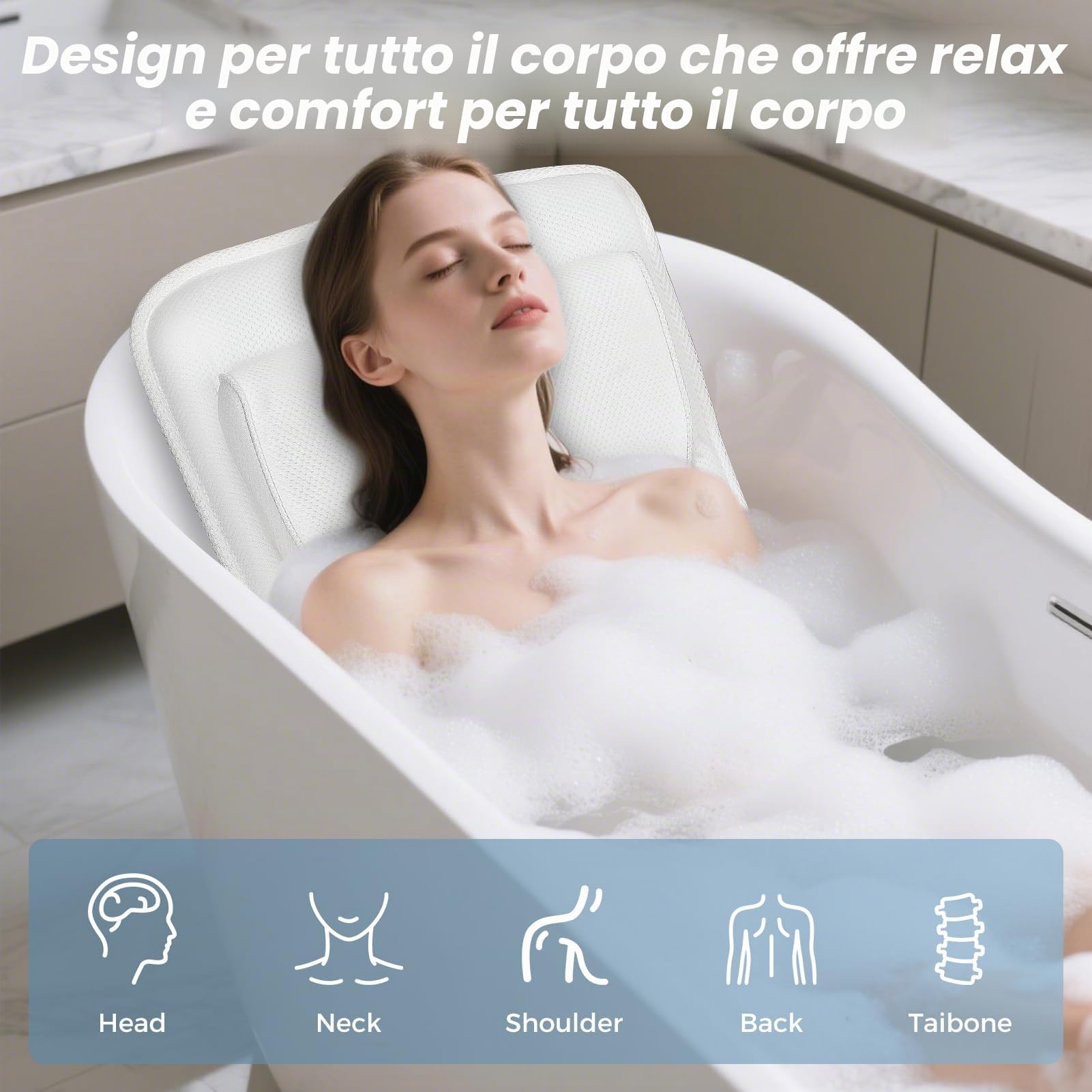 Cuscino Vasca da Bagno per Tutto il Corpo 123×40cm, Cuscino da Bagno con Ventose e Poggiatesta per Persone alte 160-180cm, Supporta Collo, Schiena e Gambe, Tessuto Traspirante in Rete 3D
