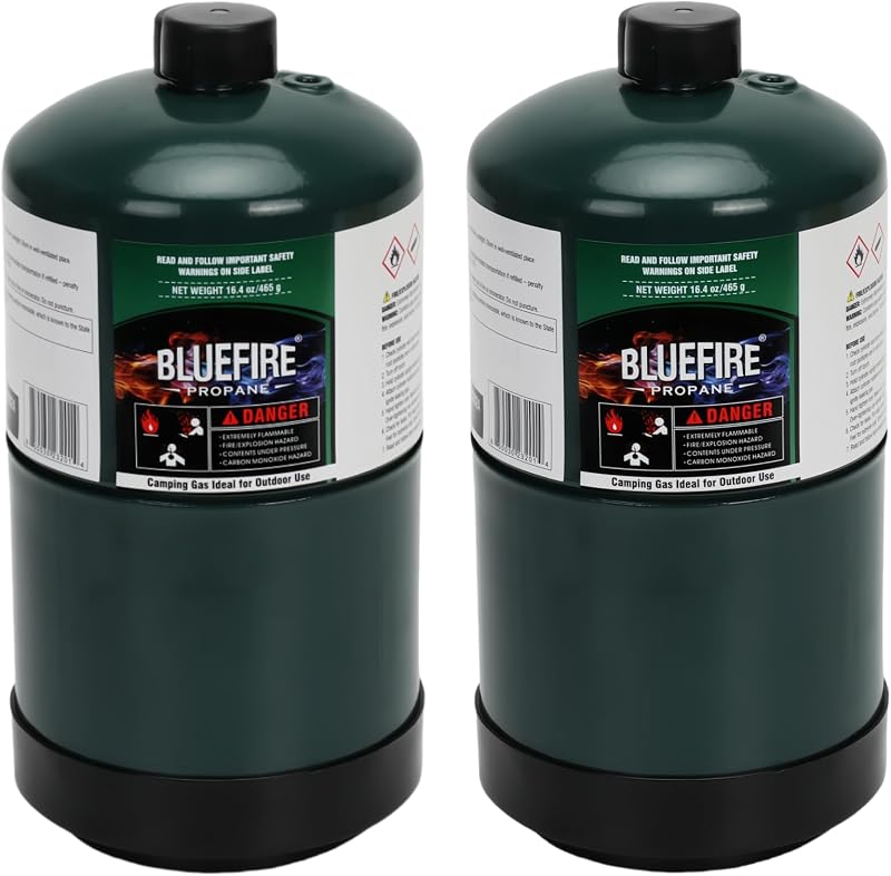KOMAN BLUEFIRE Tanque de propano de 16.4 oz Tanque de propano para camping Tanque de gas propano portátil Tanques de propano pequeños para estufa de camping Mochila al aire libre Mini quemador Calentador Lámpara de antorcha de cocina (paquete de 2)