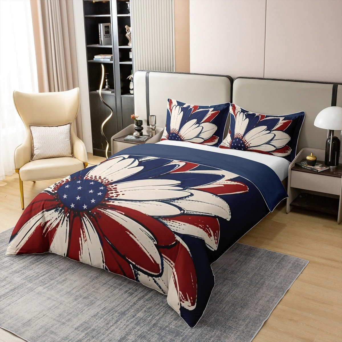 jejeloiu Welcome Patriotic Duvet Cover 100% Cotton King Size The Stars and The Stripes Bedding Set Decor Fish-Shaped National Flag Comforter Cover Blue Beige Red Stripes Bedroom Decor,No Comforter