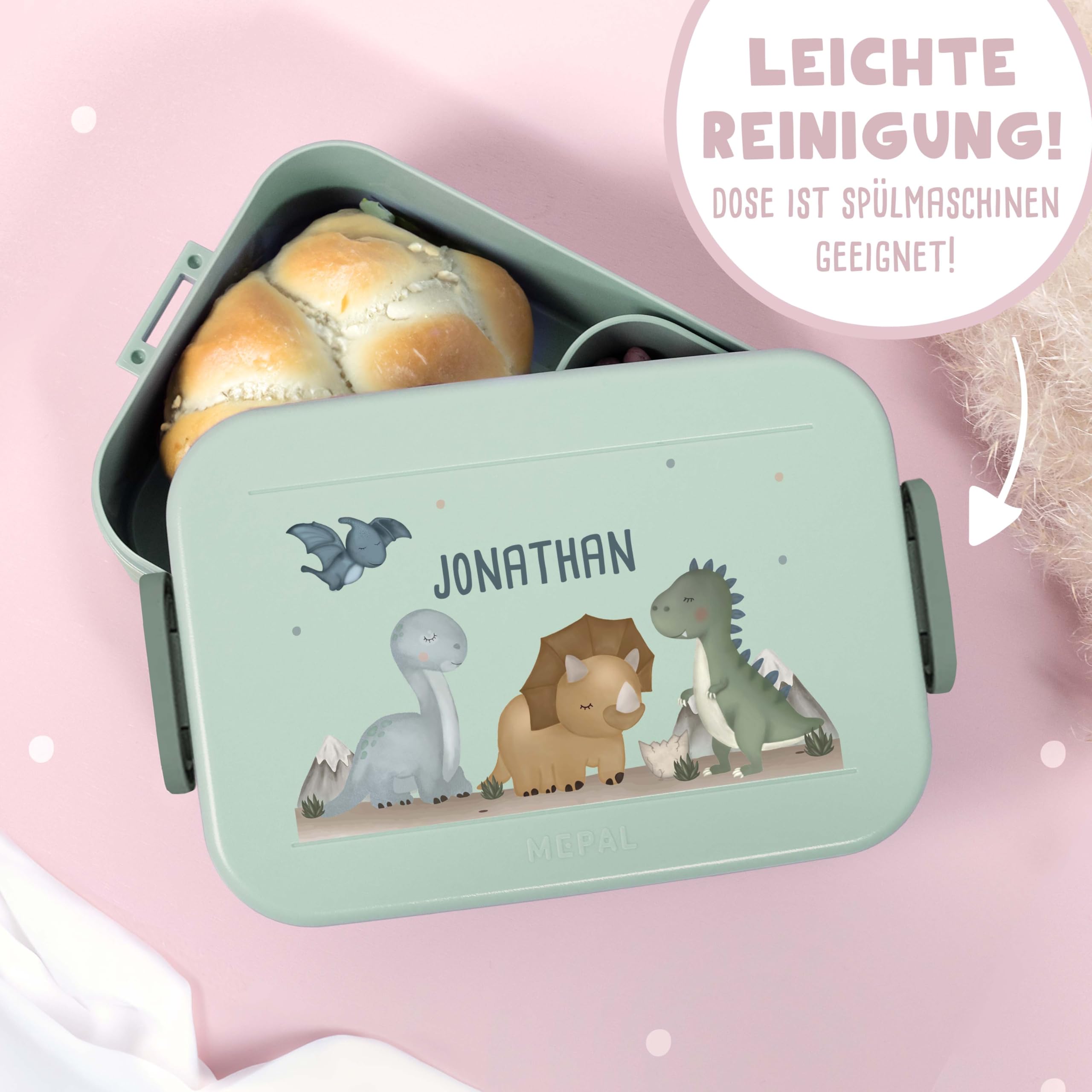 hellomini Mepal Lunch Set | Personalisiert | Mepal Brotdose Kinder & Trinkflasche 500ml | Personalisierte Brotdose & Trinkflasche Edelstahl | Geschenk zur Einschulung (Dinowelt, Box grün)