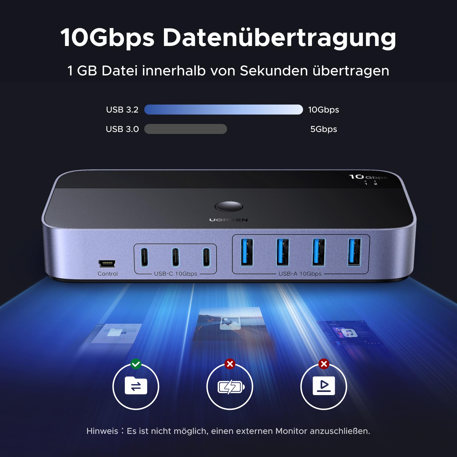 UGREEN 2 In 7 Out 10Gbps USB Switch 2 PC USB Umschalter mit 3C4A Ports, Netzteil, Fernbedienung und 2xC auf A/C Kabeln, KVM Switch kompatibel mit Mac mini M4/M4 Pro, MacBook Air M4, Windows usw.