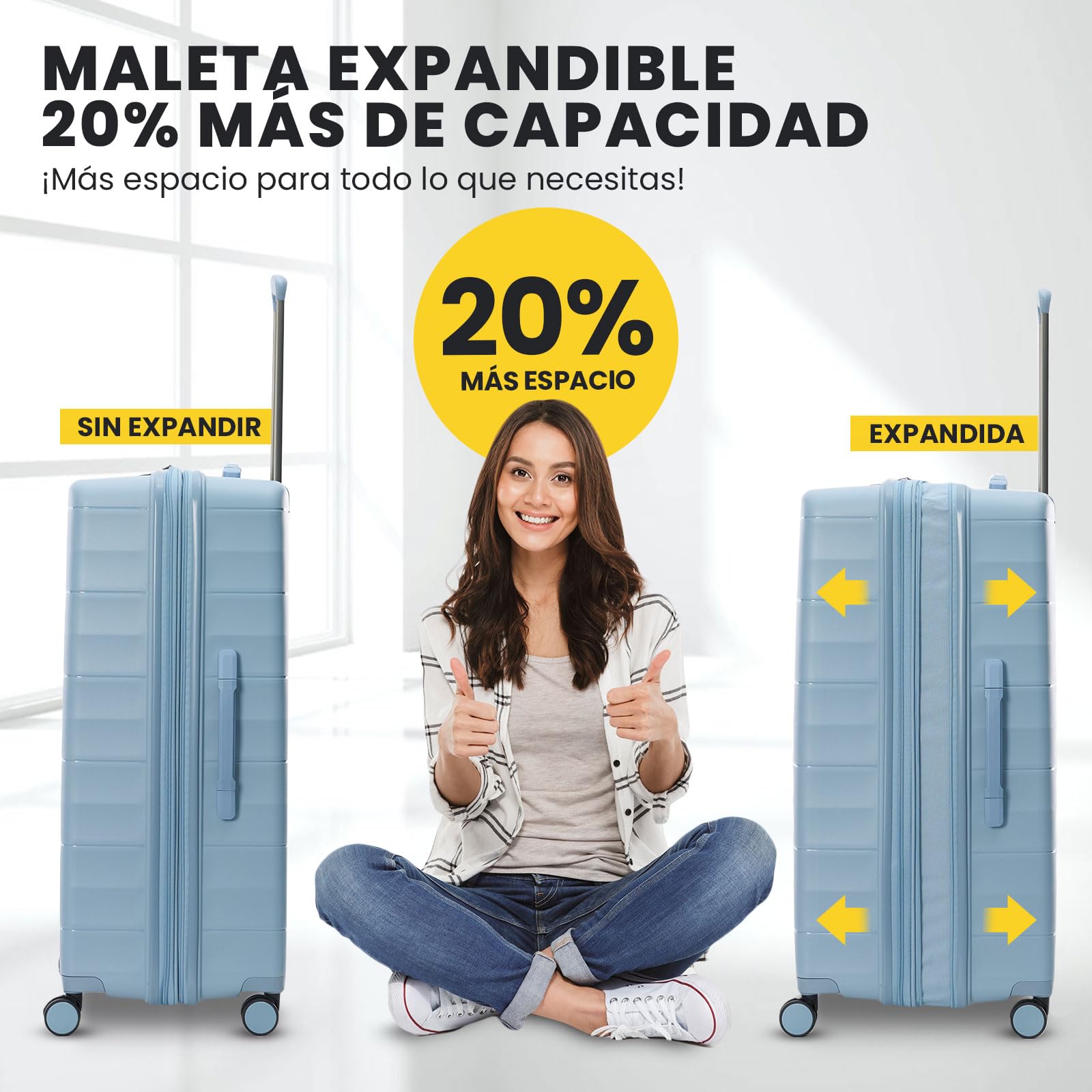 Urban Wave Maleta de Viaje Grande (23Kg) Expandible (78x50x30/35cm), Fabricada en Polipropileno, 4 Ruedas Dobles y Cerradura Combinación TSA. (Grande XL), (127L), (4.4kg), (Azul Claro).