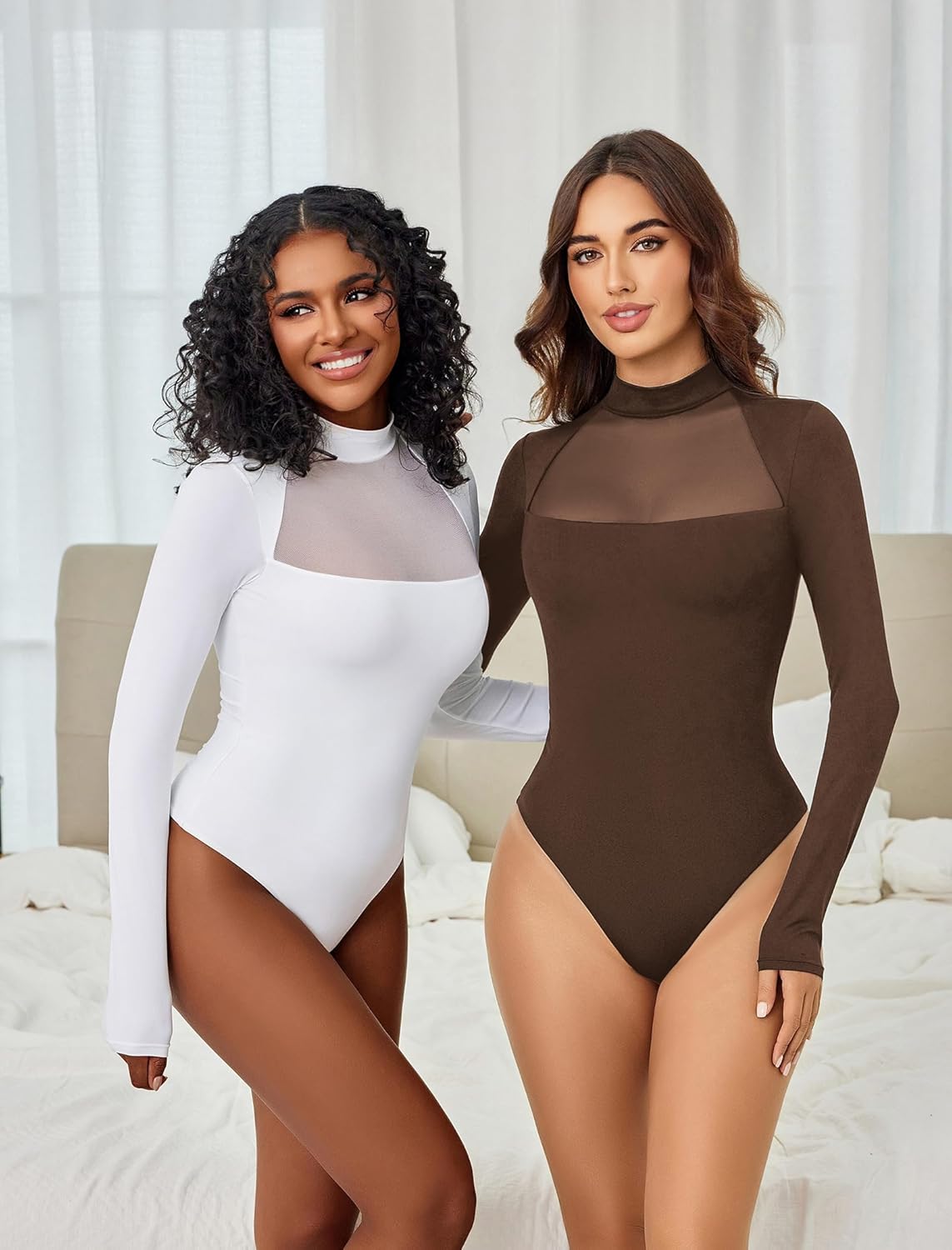 Avidlove Bodysuits for Women Mock Neck Shapewear Body Suit Long Sleeve Leotard Mesh Going Out Tops Concert Outfits - Image 2