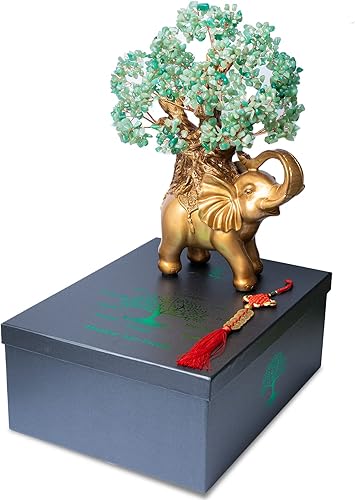 Miniatura 2 de Árbol de dinero de cristal de aventurina verde sobre estatua de elefante dorado, árbol bonsái grande de 17 pulgadas, decoración del hogar, regalos