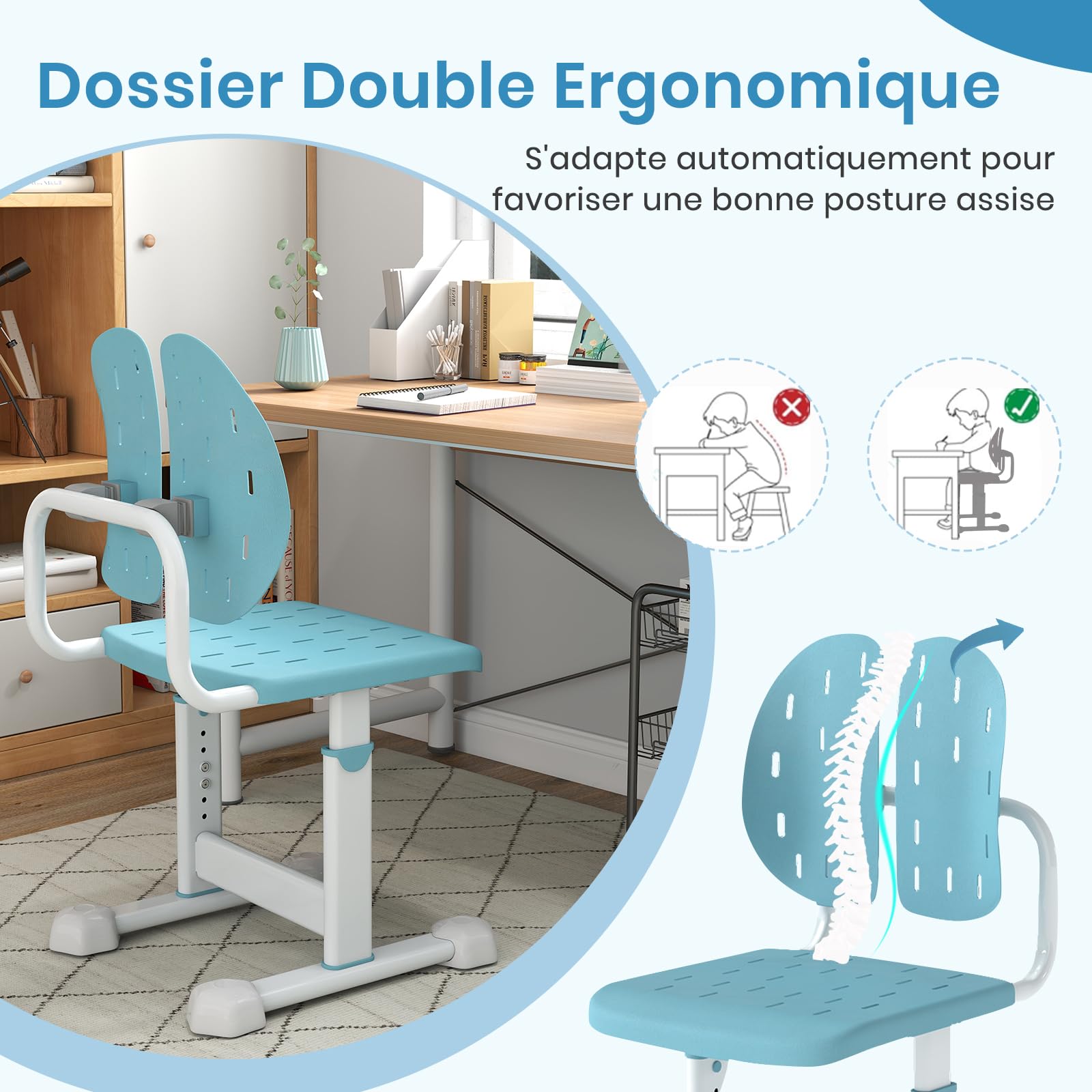 GOPLUS Chaise Bureau Enfant, Chaise d'Étude avec Dossier Double Adaptatif, Hauteur Réglable, Siège Respirant, Patins Réglables, pour Filles et Garçons de 3+ Ans (Bleu)