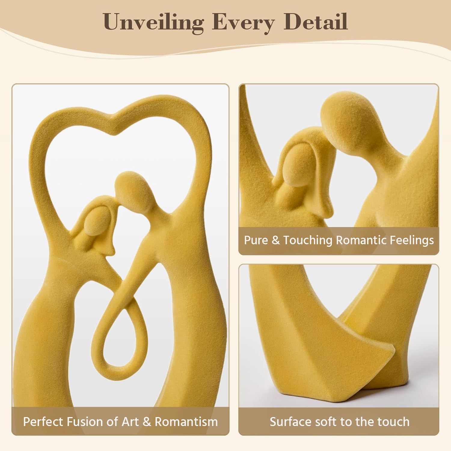 Velvet Flocked Couple Sculpture, Romantic Decorative Statue Modern Abstract Art Figurine for Anniversary, Wedding Gift, Living Room, Vanity, Dining Table Centerpiece (Yellow)